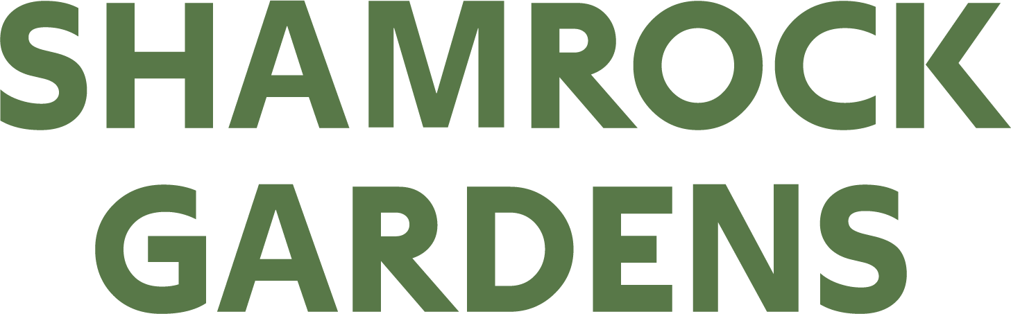 The image displays the words "SHAMROCK GARDENS" in large, bold letters.